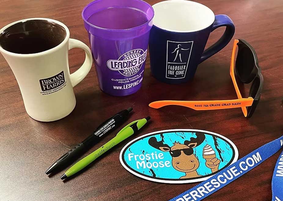 Cups, sunglasses, stickers, pens, and more